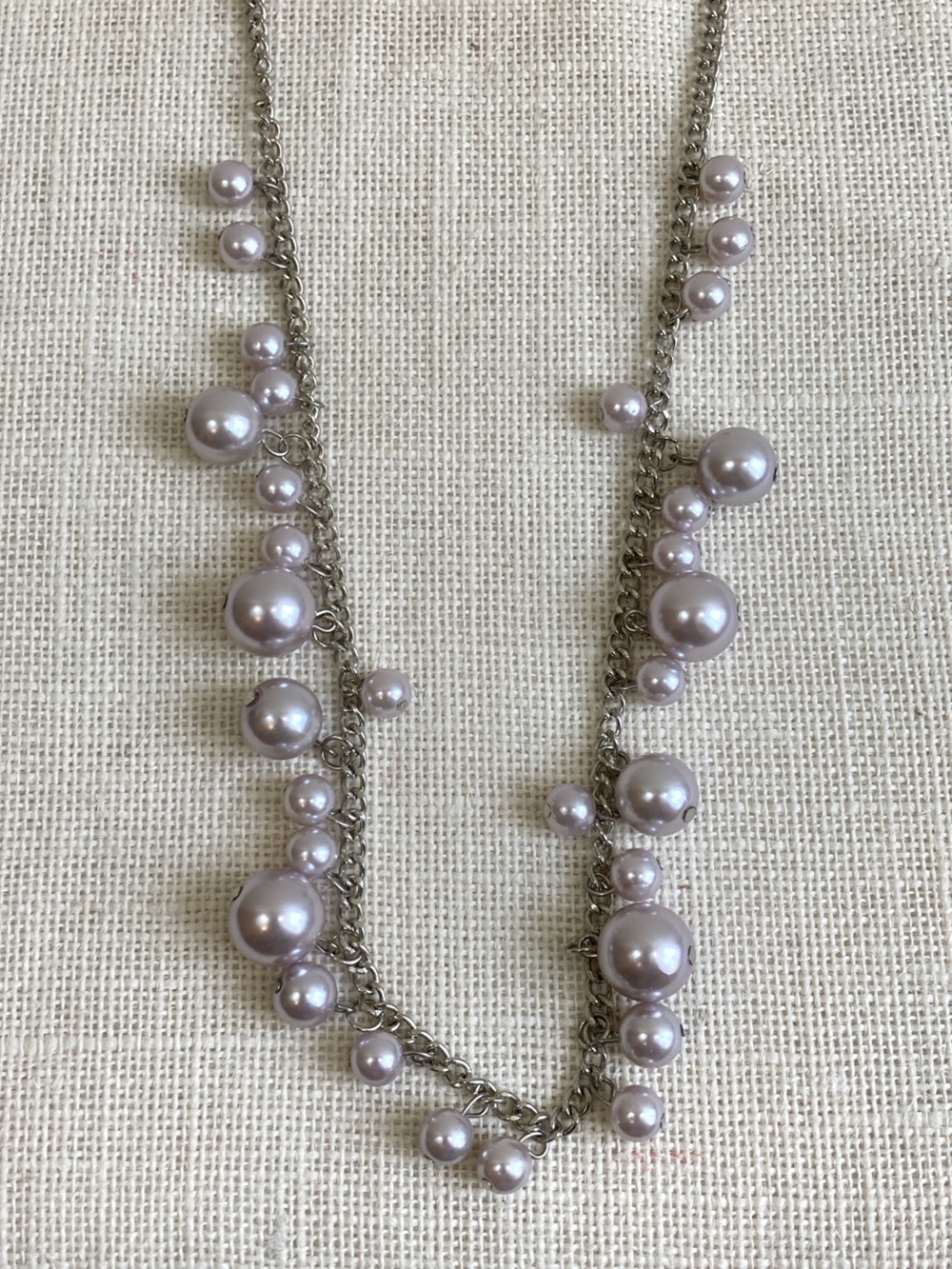Silver Pearl Bead Necklace Long Silver Tone Layering Statement Necklace
